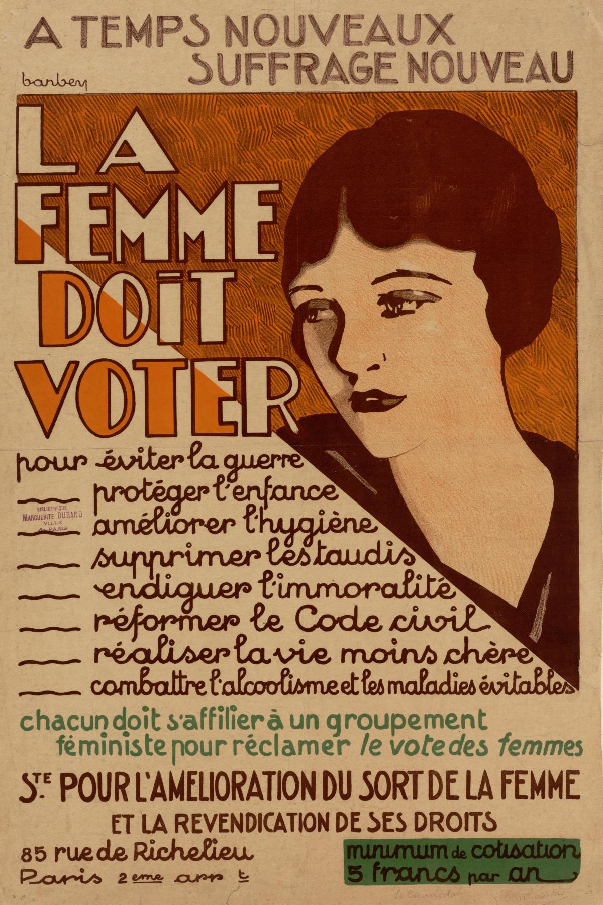 Affiche orange la femme doit voter.