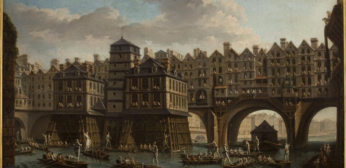 "La joute des mariniers, entre le pont Notre-Dame et le pont au Change" Raguenet, Nicolas Jean-Baptiste