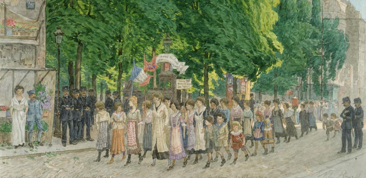 Peinture "Un peu de grève" de Felix Brard. Un groupe de femmes avec enfants s'avance dans une rue parisienne entourée de policiers.