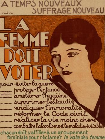 Affiche orange la femme doit voter.