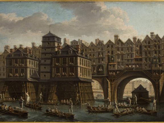 "La joute des mariniers, entre le pont Notre-Dame et le pont au Change" Raguenet, Nicolas Jean-Baptiste